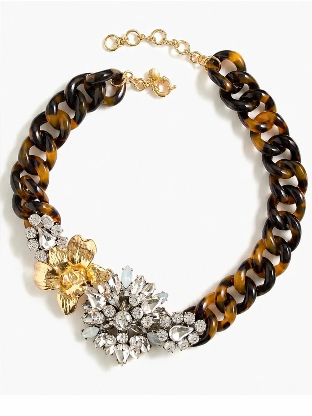 J. Crew Tortoiseshell Link Necklace with Brass Flower/Clear Crystal Cluster, NWT